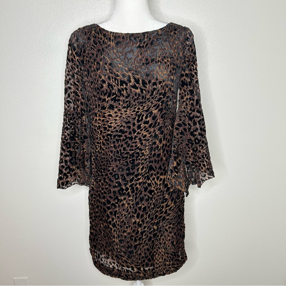 Elie Tahari Womens Brown Animal Print Velvet Pencil Dress Bell Sleeve Size 2 EUC